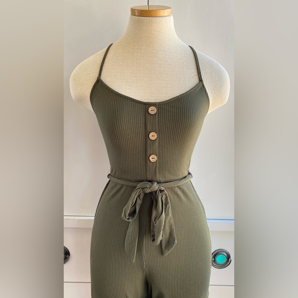 Army Green Jumpsuit with Tie Around Waist